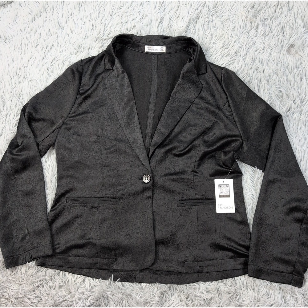 89th + Madison Jacket Womens M Black Beauty Blazer Button Up Faux Pockets New